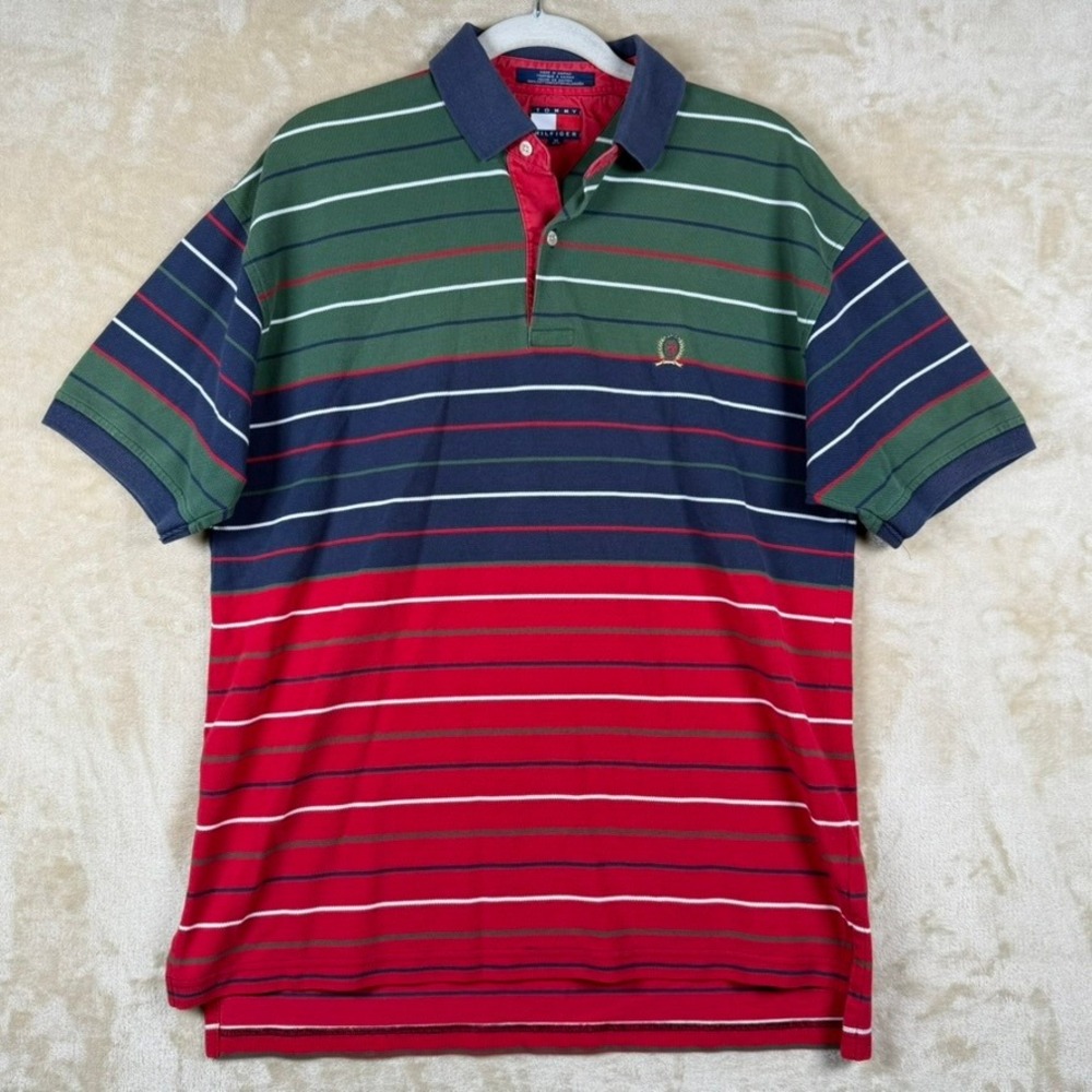 Tommy Hilfiger Mens Medium Vintage‎ Colorblock Striped Polo Shirt Green Red Blue